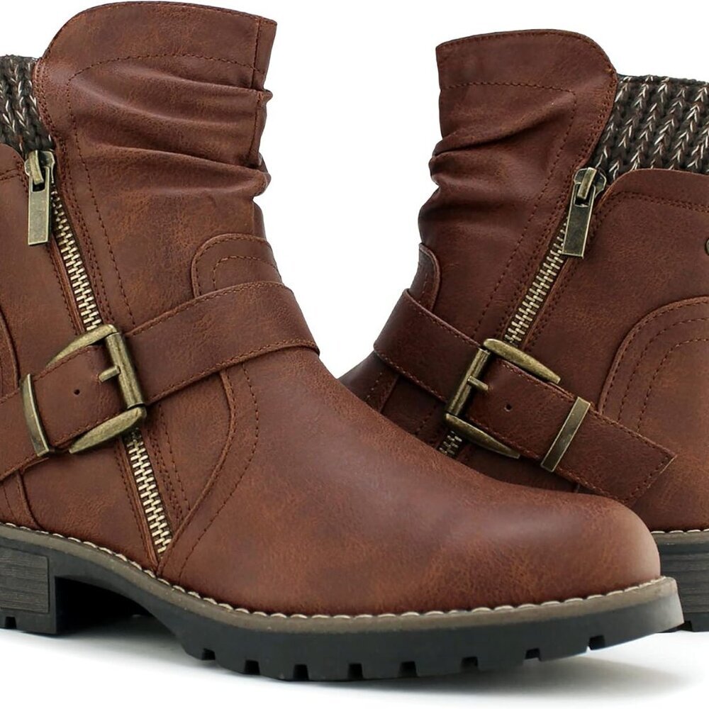 Brand New Women's Combat Boots Fashion Side Zipper Buckle Ankle Booties Brown Si